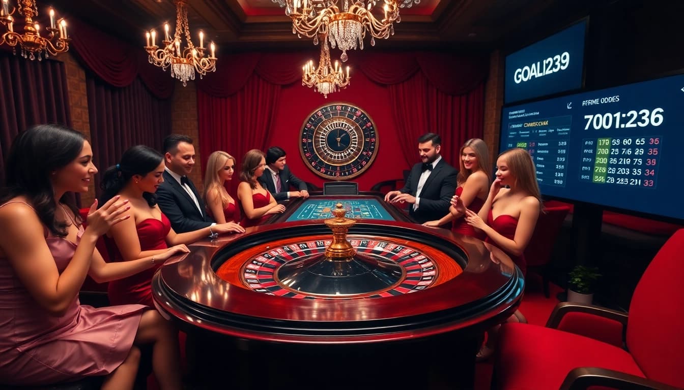 Goal123 offers an exciting roulette game with glamorous players in a luxury casino setting.