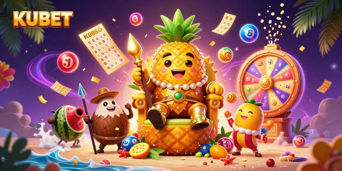 KUBET Casino presents a vibrant scene with a golden pineapple king and lively game elements, showcasing casino excitement.