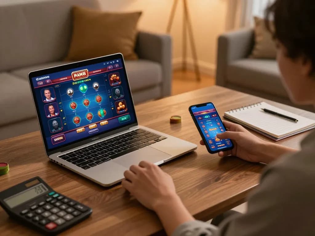 Engaged gambler strategizing with a laptop and smartphone at a reputable casino, promoting nhà cái uy tín.
