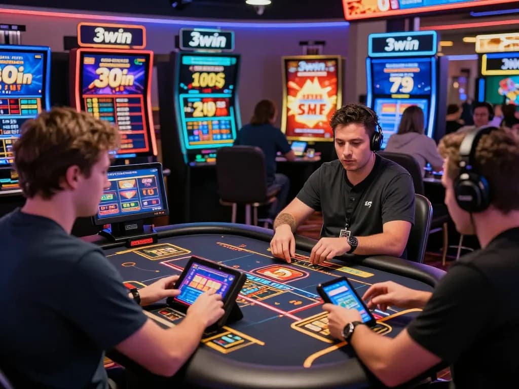 Engaged 3win online gamblers enjoying live casino experiences with modern interface and vibrant atmosphere.
