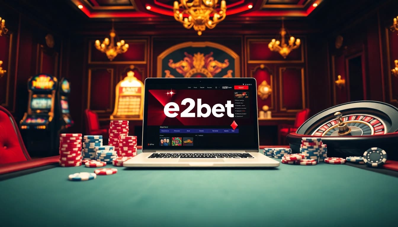 Experience e2bet's engaging online casino with vibrant chips and sleek gaming interface.