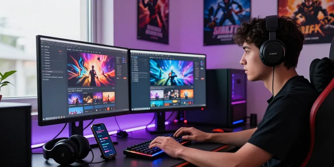 Engaged gamer using cika4d login on a dual-monitor setup in a vibrant gaming space.