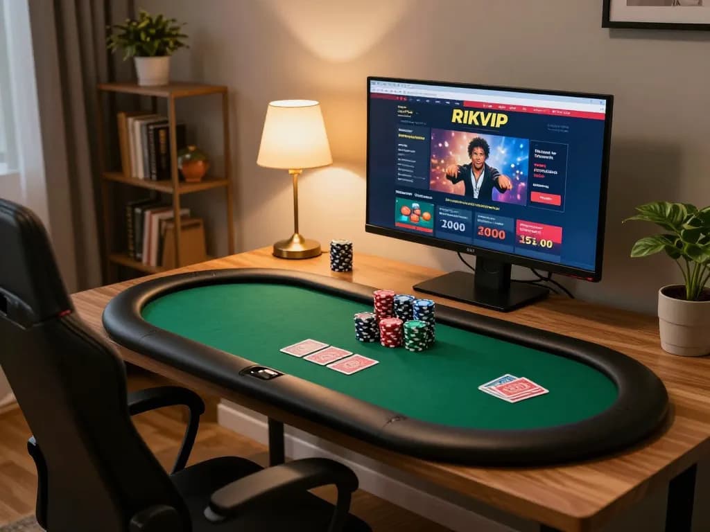 RIKVIP online gaming setup with poker chips and cards, showcasing a modern casino experience at home.