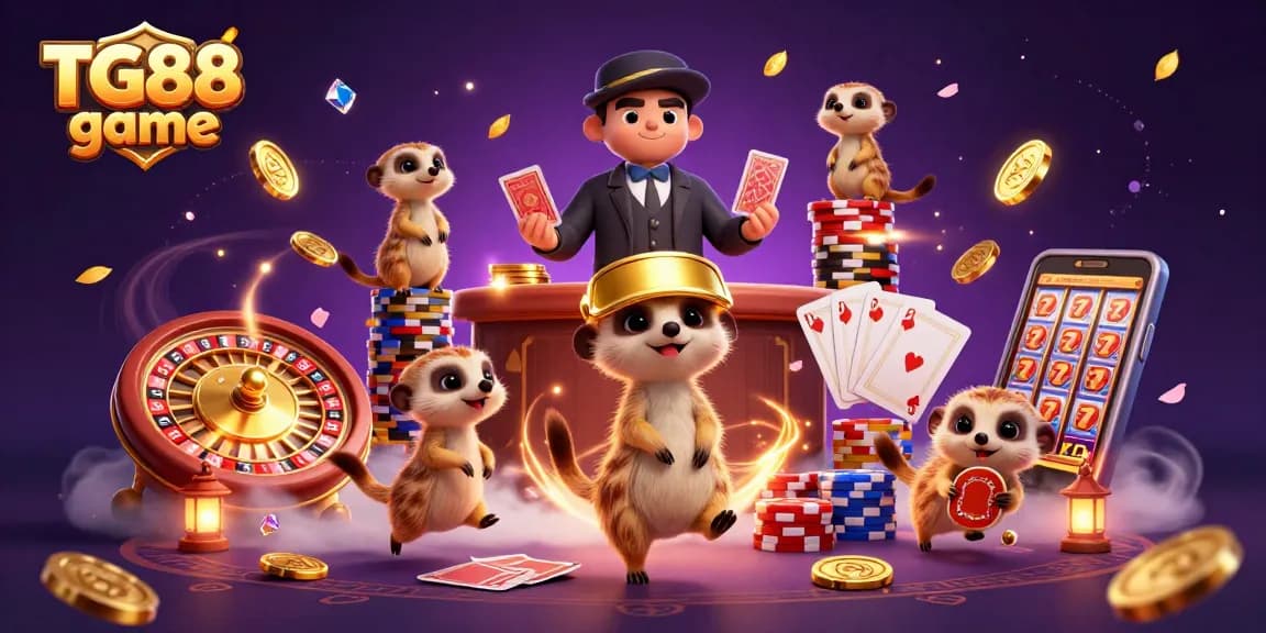 Experience the thrilling TG88 game as playful meerkats manage a bustling casino scene filled with excitement.