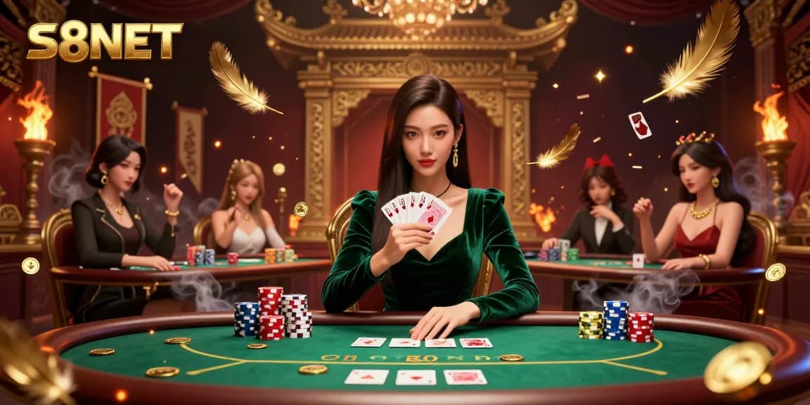S8NET gaming scene showcasing a beautiful Asian woman strategizing her poker hand with lively casino elements.