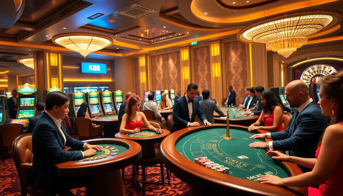K88 gaming experience with vibrant casino tables and energetic players enjoying their games.