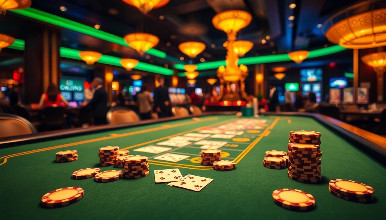 Situs toto menampilkan suasana kasino mewah dengan meja permainan dan chip.