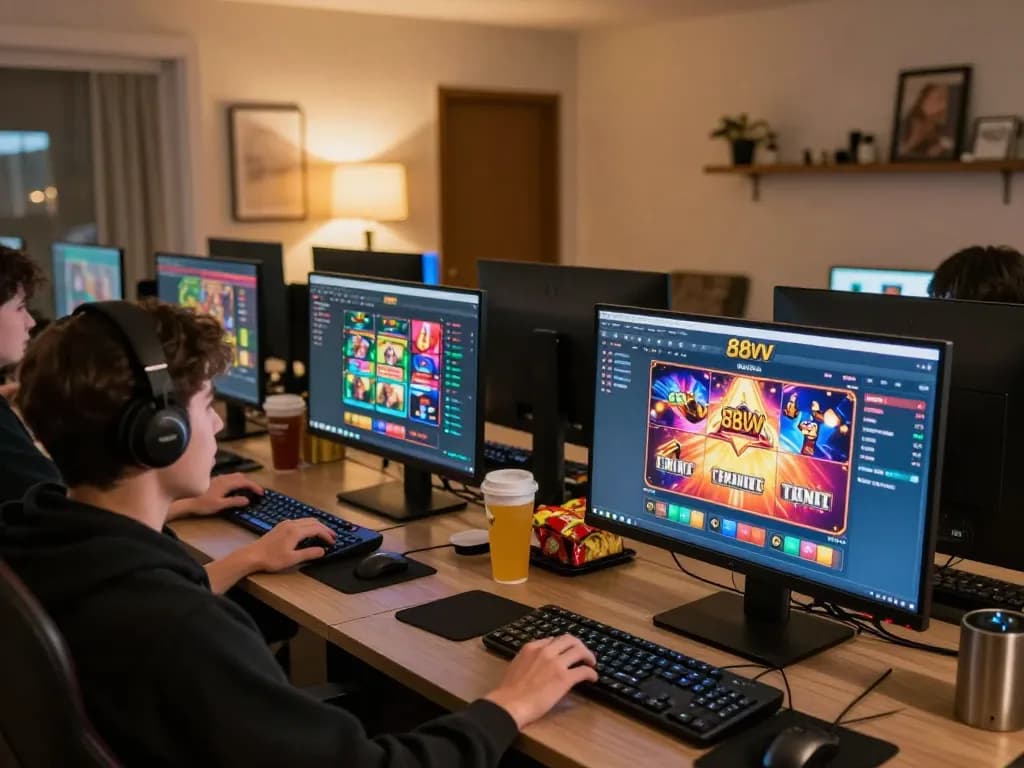 Gamer engaging with 88vv games on multiple screens in a modern, inviting setup