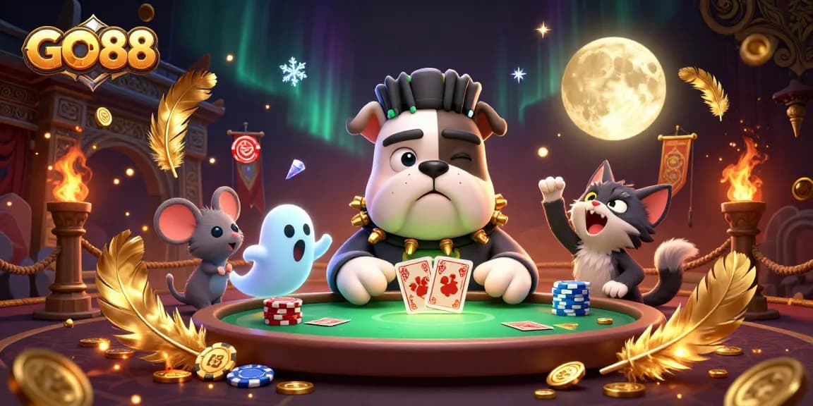 Experience GO88 with a dynamic casino scene featuring a Frankenstein bulldog monster dealing cards.