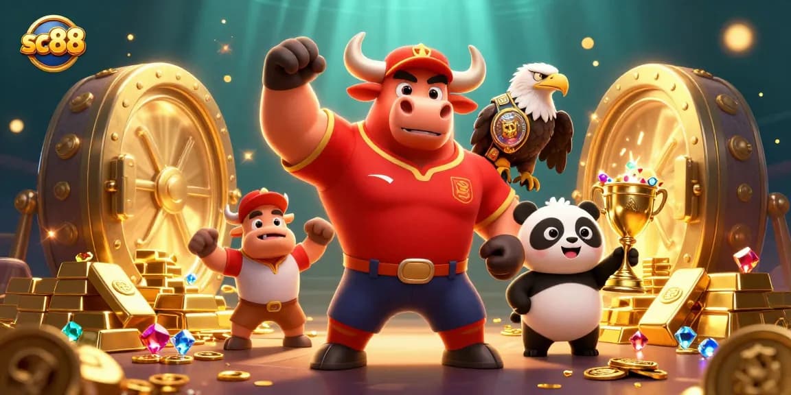 Watch the sc88 bull mascot celebrate among golden treasures and winning trophies in a vibrant casino scene.