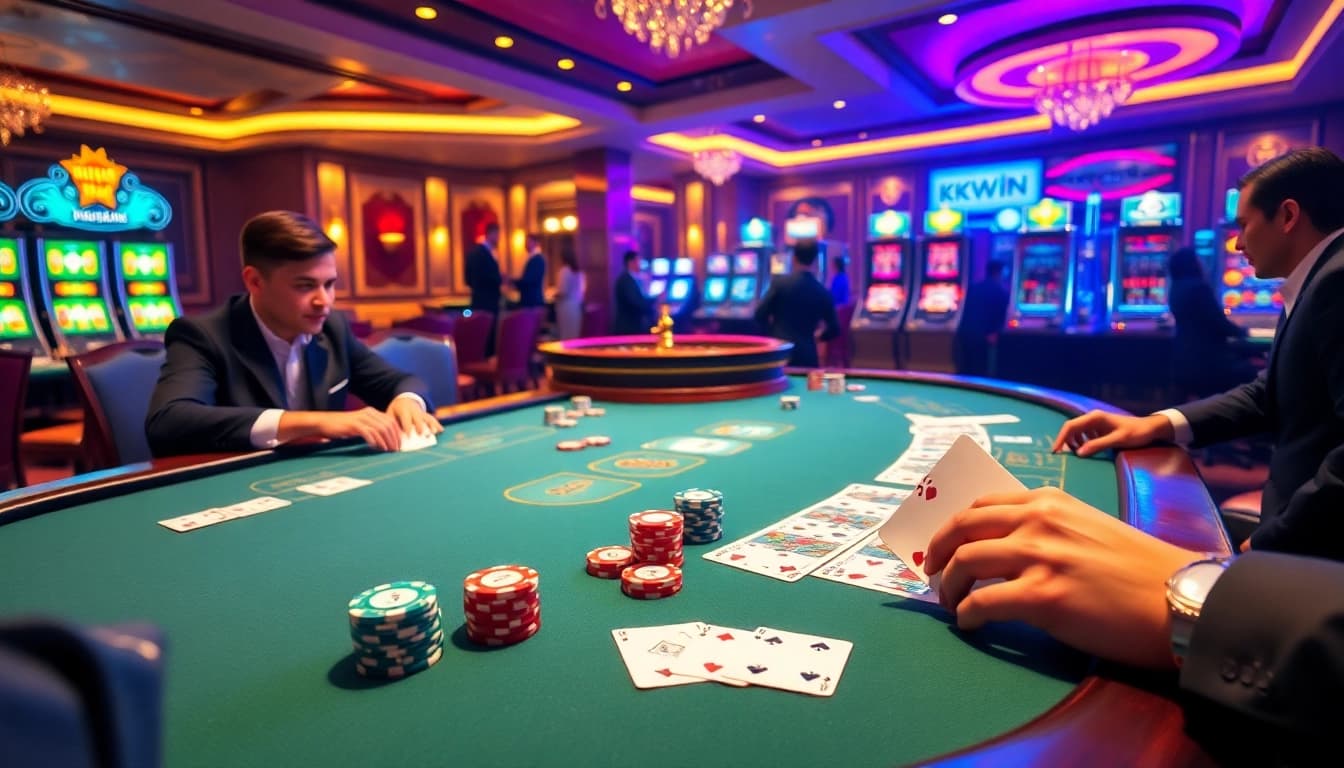Engaged players at a Kkwin casino table with colorful chips and winning cards.