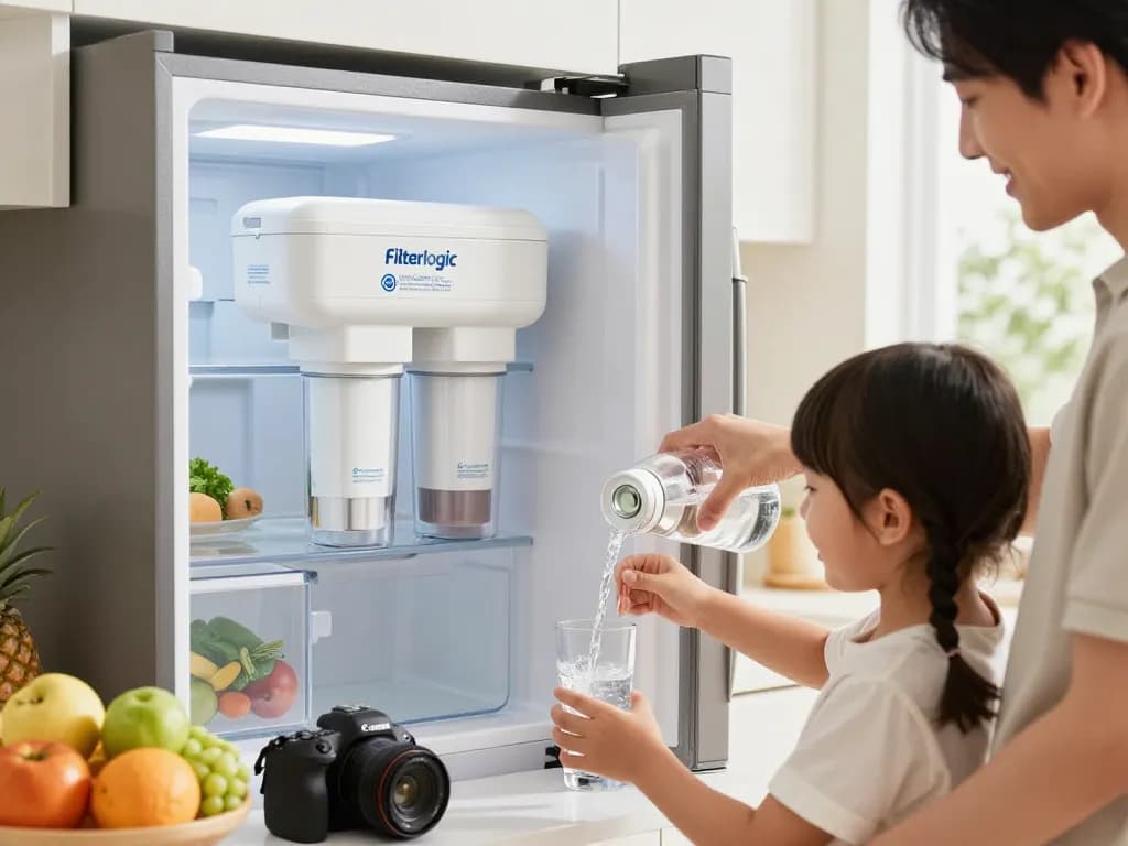 Family enjoying clean water with Filterlogic LT1000PC ADQ747935 MDJ64844601 NSF Certified Refrigerator Water Filter in a bright kitchen