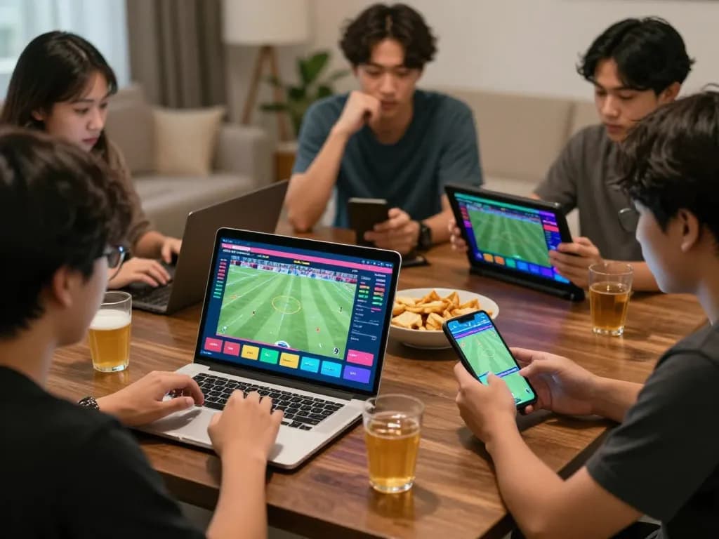 Pengguna terlibat menikmati judi bola online sambil menonton pertandingan sepak bola langsung dengan perangkat dan camilan.