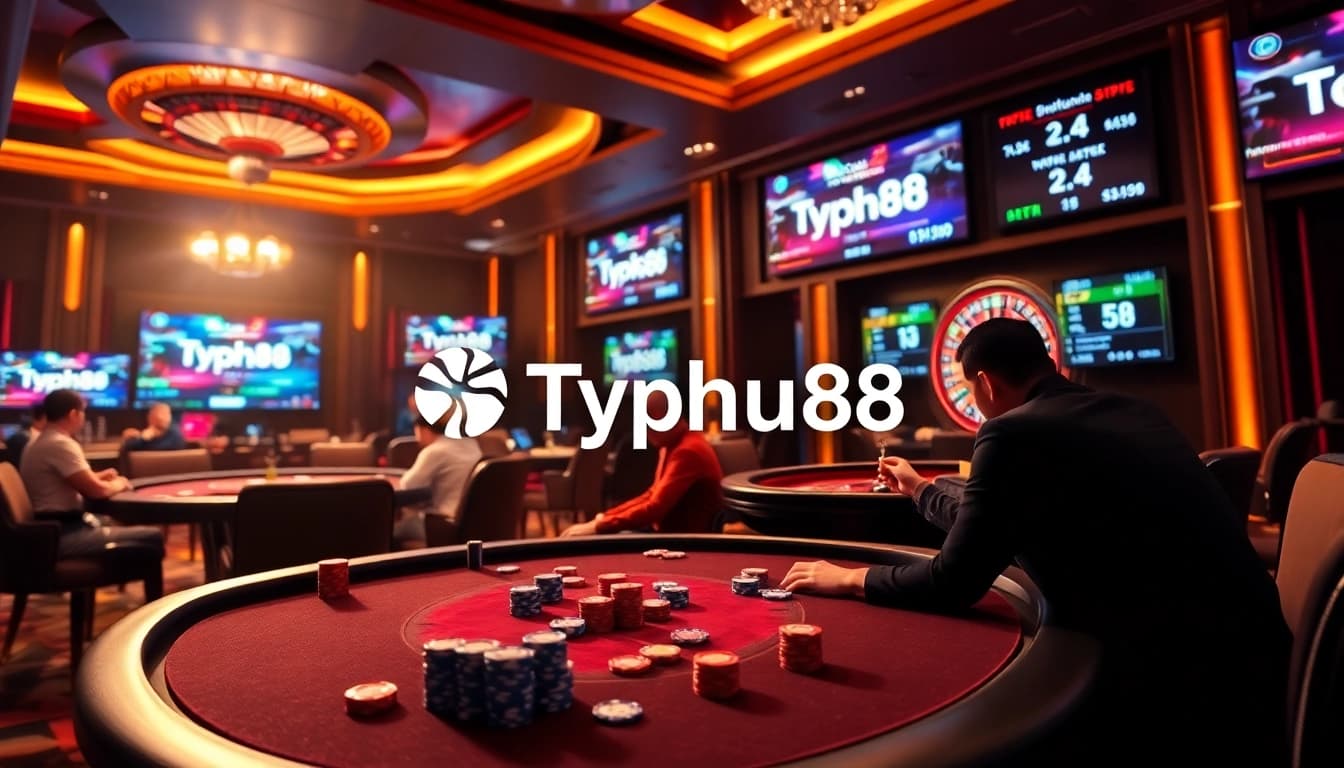 Typhu88 poker players engaged in a thrilling game at a vibrant casino table.