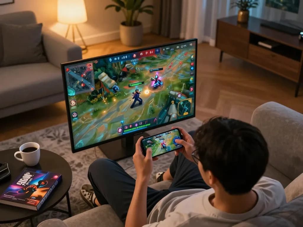Players enjoying thrilling idle-RPG gameplay on their smartphone in a stylish living room, ropatendidafanzine