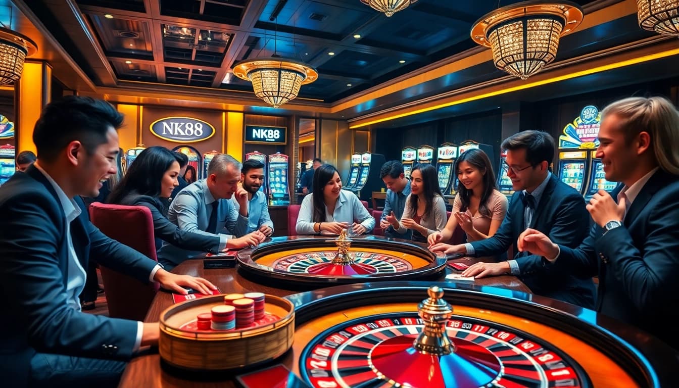 NK88 players enjoying vibrant casino games with poker chips and roulette wheels.