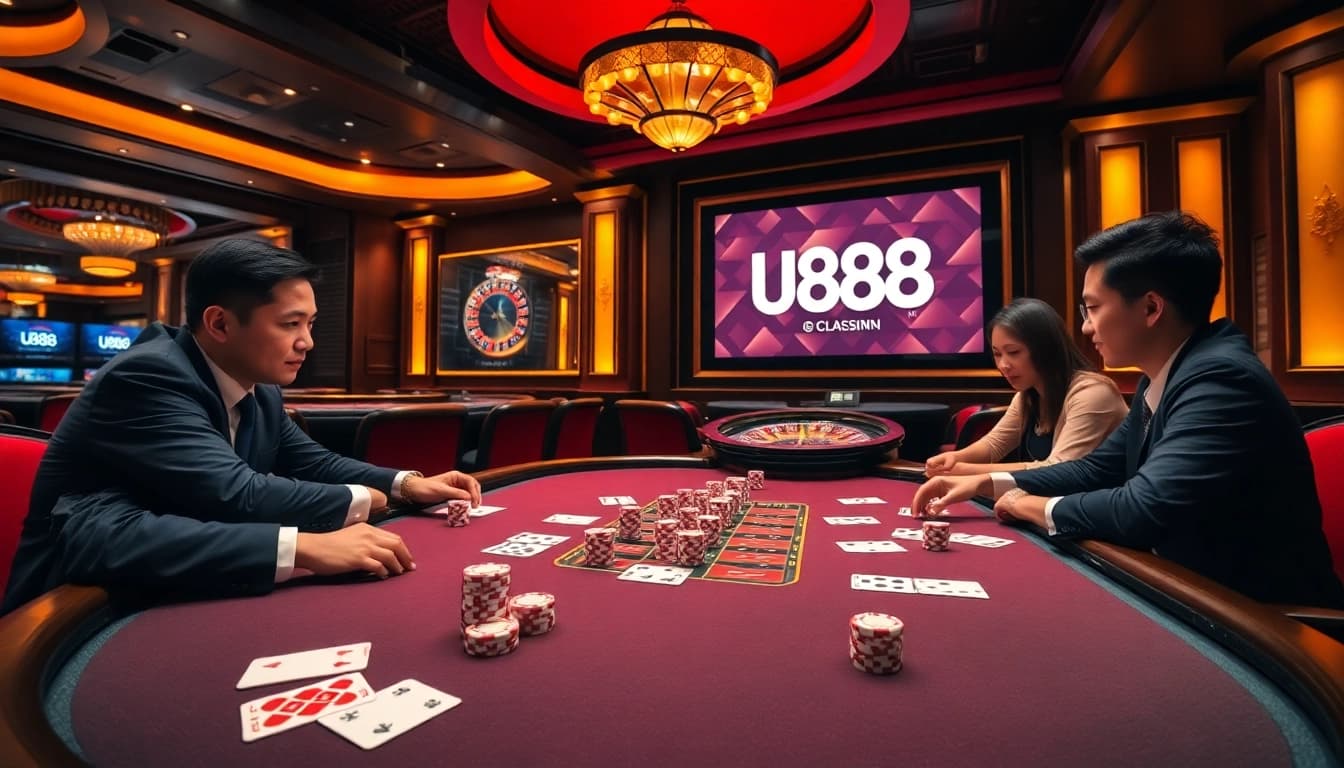 Experience the thrill of U888 with engaging poker action and vibrant casino elements.