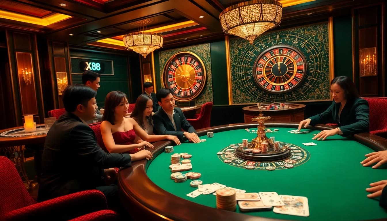 Players enjoying an exciting casino experience at Xin88, with poker chips and cards on the table.