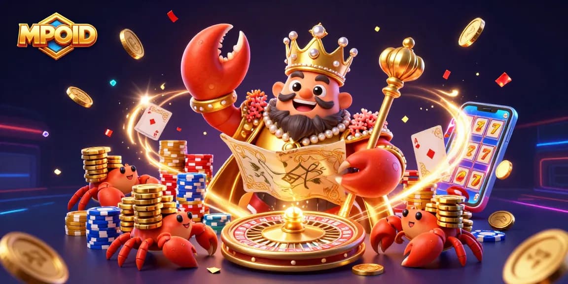 MPOID players experience thrilling moments with a charismatic crab emperor amid treasures and a spinning roulette wheel.