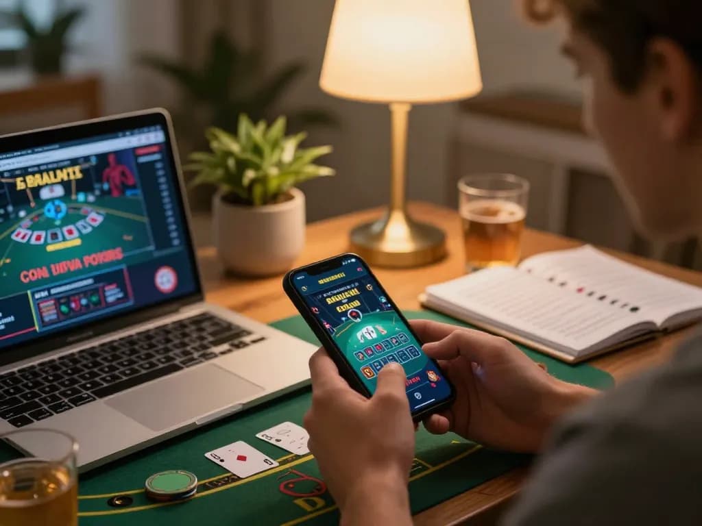 Player enjoying au88 gaming on smartphone in cozy home setting with ambient lighting.