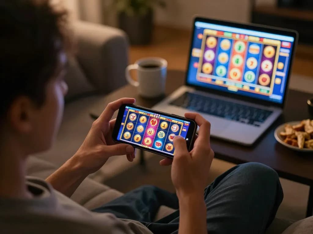 Playing a vibrant slot game on a smartphone, showcasing agenslot188 excitement at home