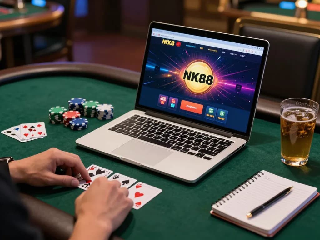 Engaged player using NK88 for online casino gaming, showcasing vibrant interface and strategic setup