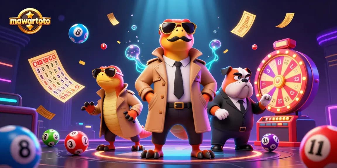 Mawartoto showcases a thrilling VIP casino scene with cartoon raptors and dynamic lottery elements.