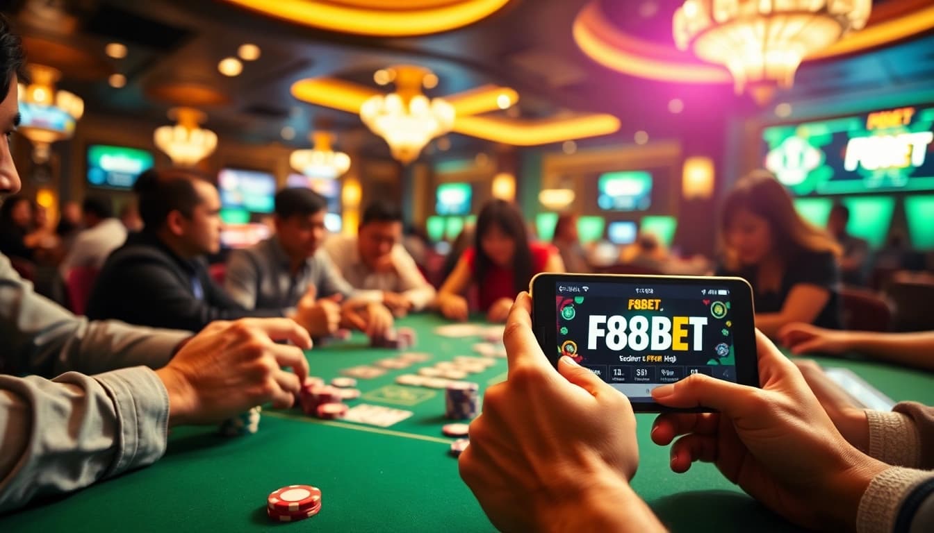 F88BET online casino scene with players engaging in games and digital devices showcasing the interface.