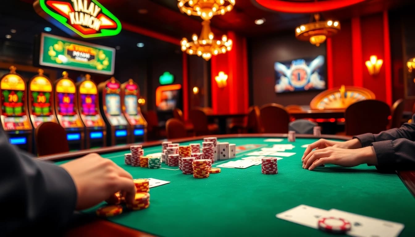 Experience the thrill of juragan77 at a luxury casino with poker games and flashing slot machines.
