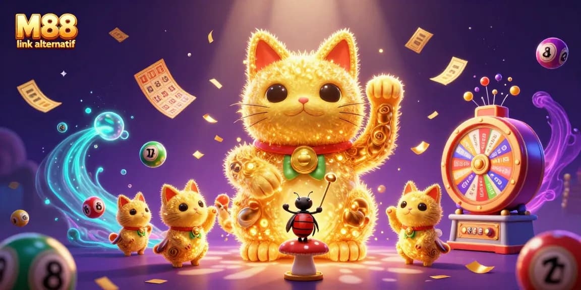 Celebrate winning with M88 link alternatif's dynamic casino symbols in a vibrant 3D illustration.