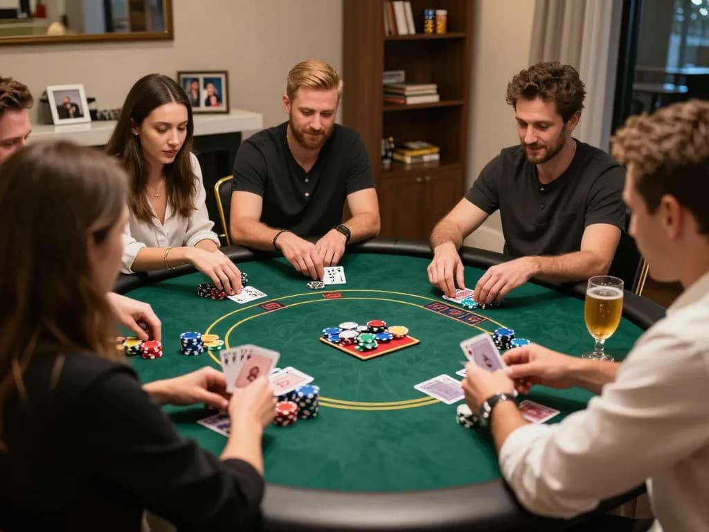 Engaged friends enjoying poker night at home with btopcshop-themed cards and chips.