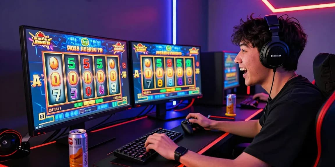 A gamer enjoying the thrill of osaka88 slot at a modern gaming setup with colorful screens and immersive atmosphere.
