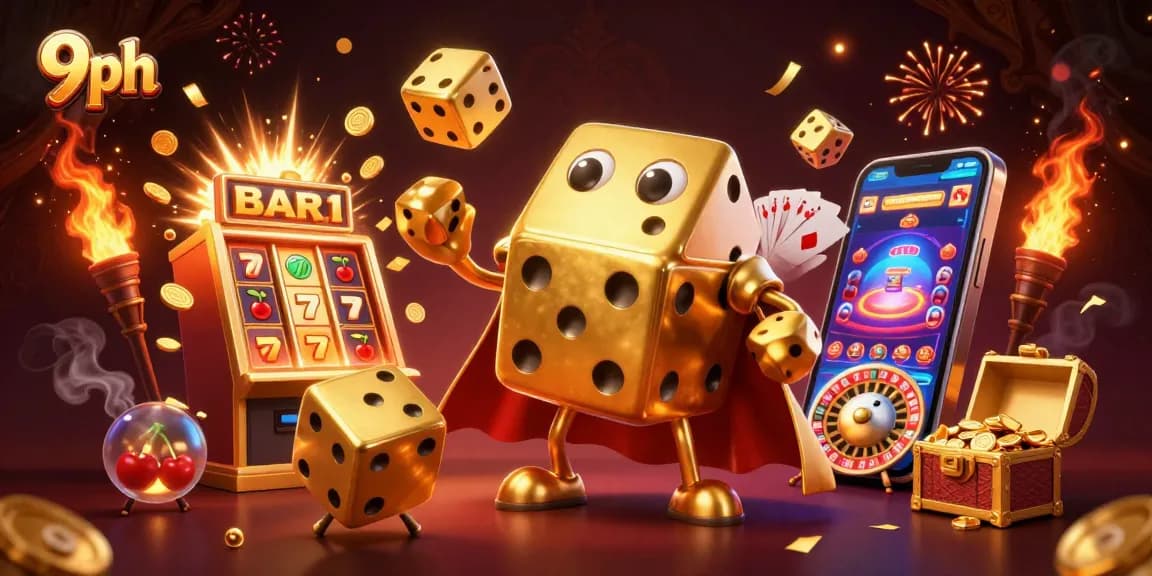 Engage in ultimate gaming fun with 9ph showcasing a golden dice golem, slot machines, and casino excitement.