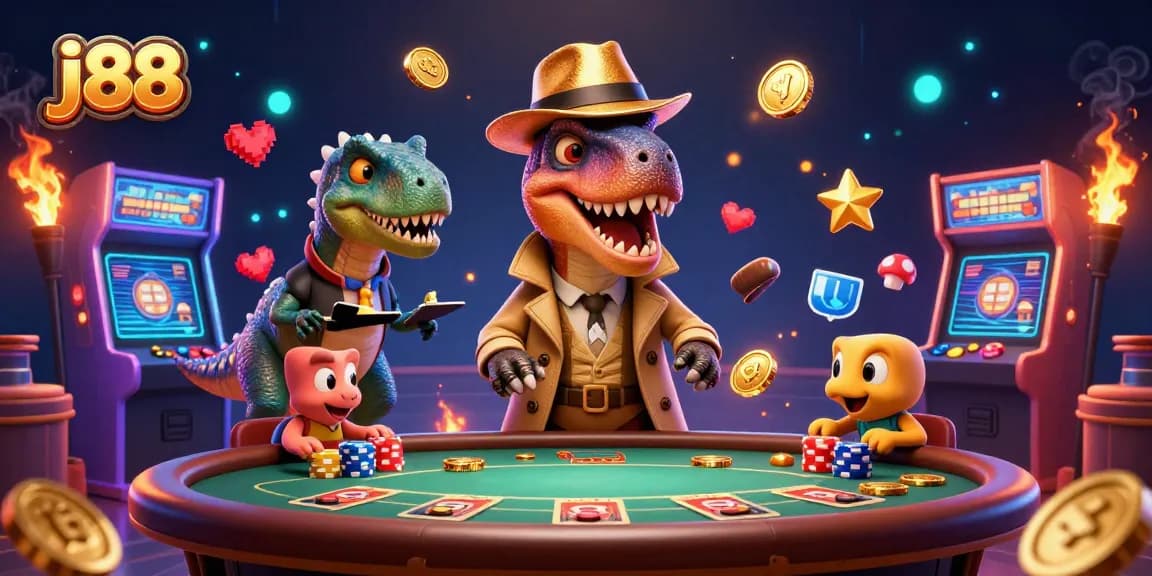 j88 velociraptor card counter at blackjack table, surrounded by arcade elements in dynamic casino scene