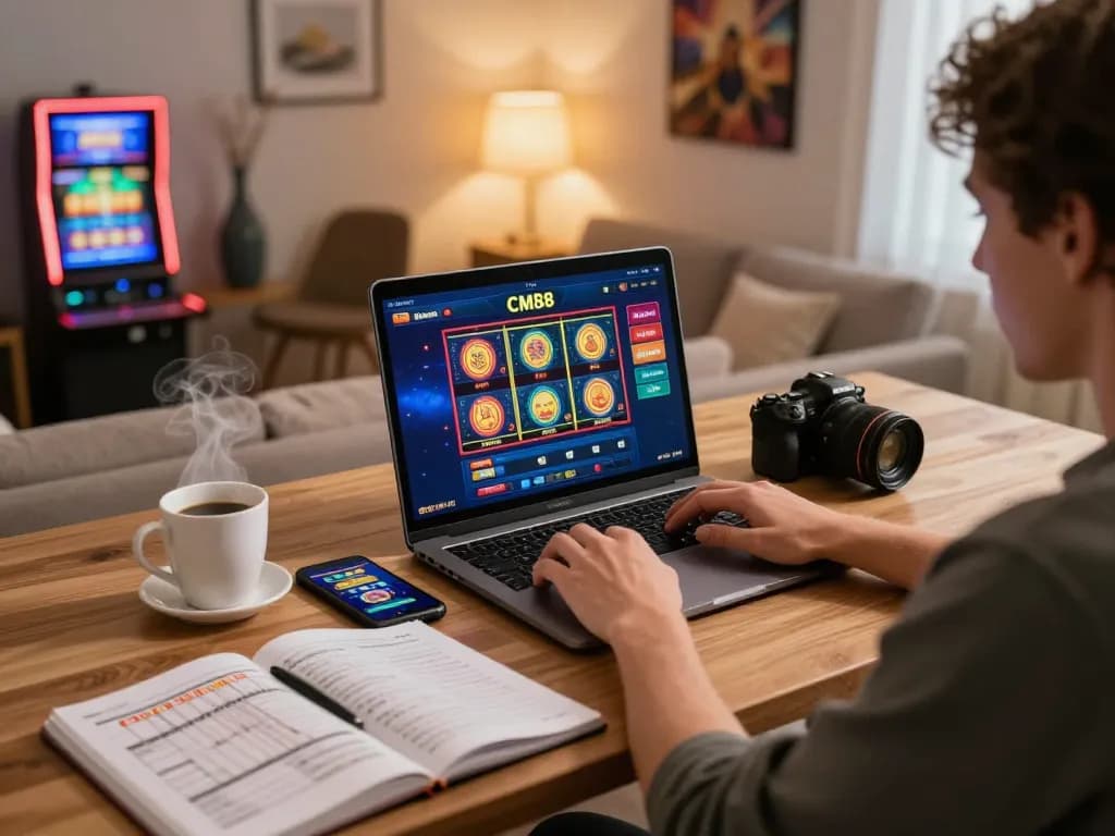 Player enjoying an online gaming session with CM88 on a laptop surrounded by casino strategy notes.