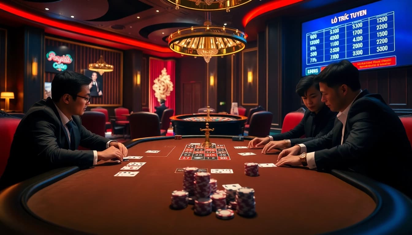 Experience the excitement of Lô Đề Trực Tuyến at a luxurious poker table with vibrant chips and cards.