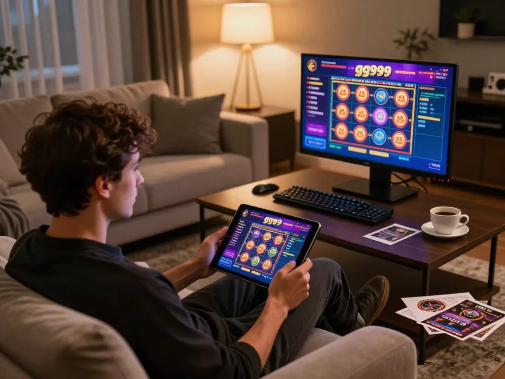 Seseorang menikmati sesi permainan yang menarik di tablet mereka, menjelajahi antarmuka kasino online gg999 di rumah, dikelilingi oleh dekorasi yang nyaman.