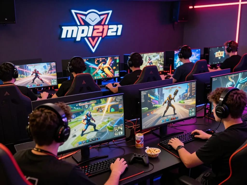 Group of gamers engaged in intense online matches featuring mpi2121 logo, showcasing vibrant gaming culture.