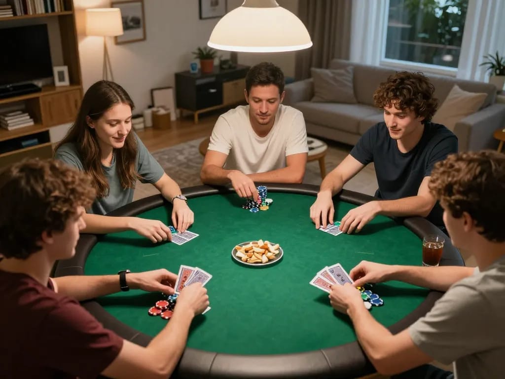 A poker night scene with players enjoying inkingrey casino games and strategizing in a cozy home environment.