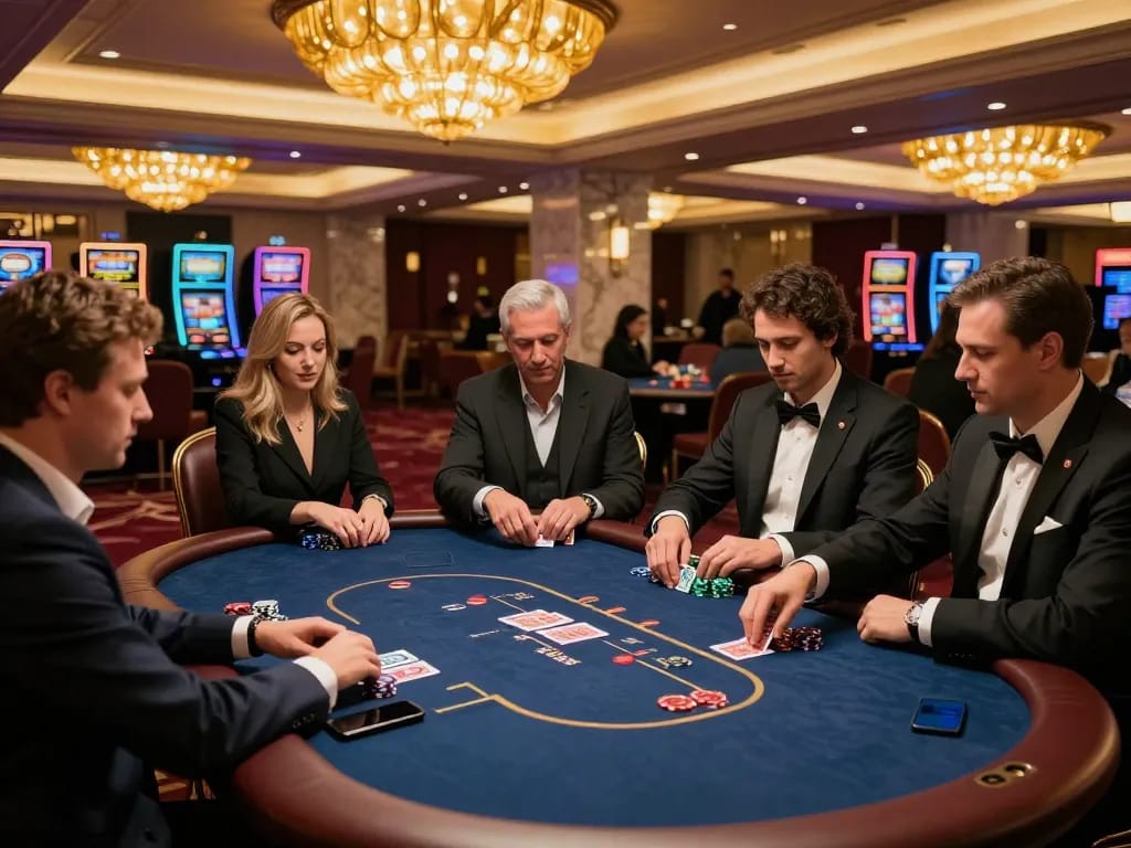 Alarife Architects' upscale poker scene showcasing professional gameplay in vibrant casino atmosphere