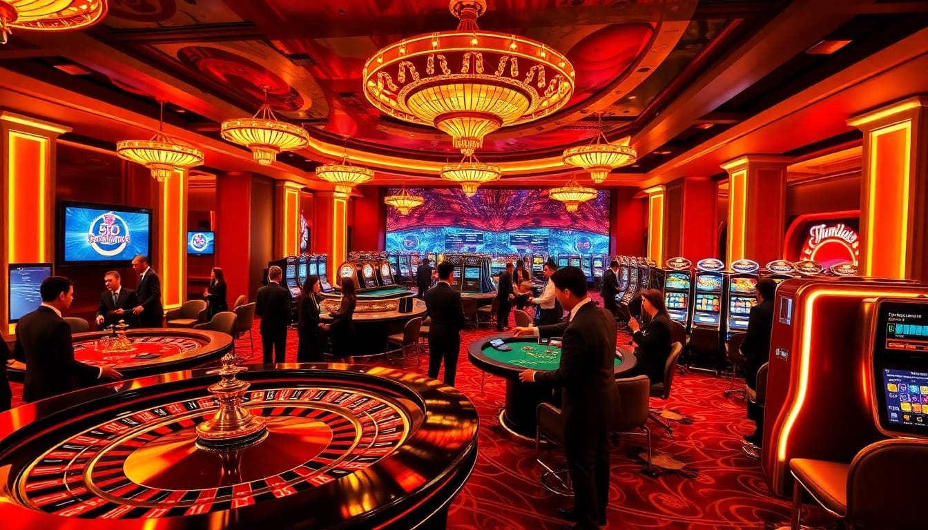 S 8 players engaging in thrilling casino games under luxurious gold and red lights.