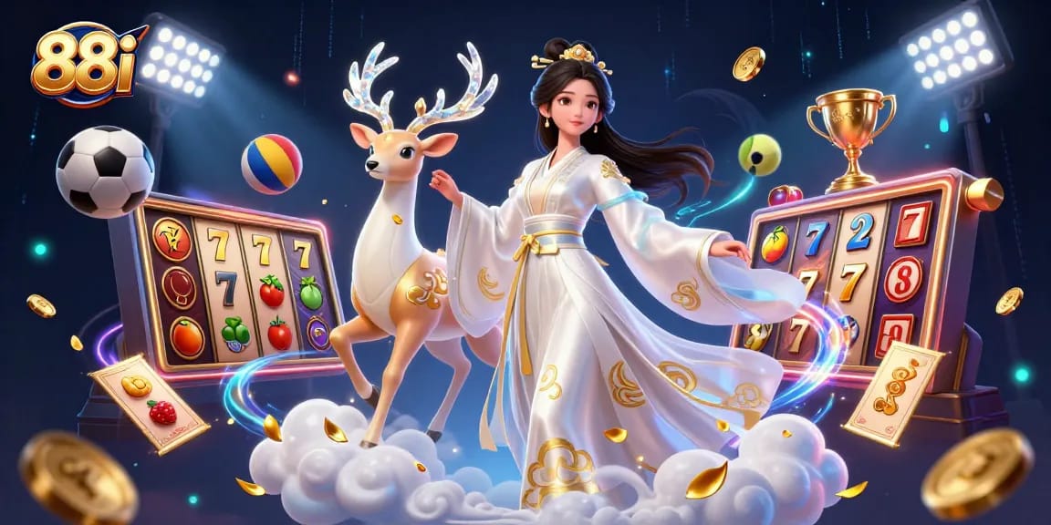 Engage with 88i's thrilling casino world featuring a floating goddess and vibrant game elements.