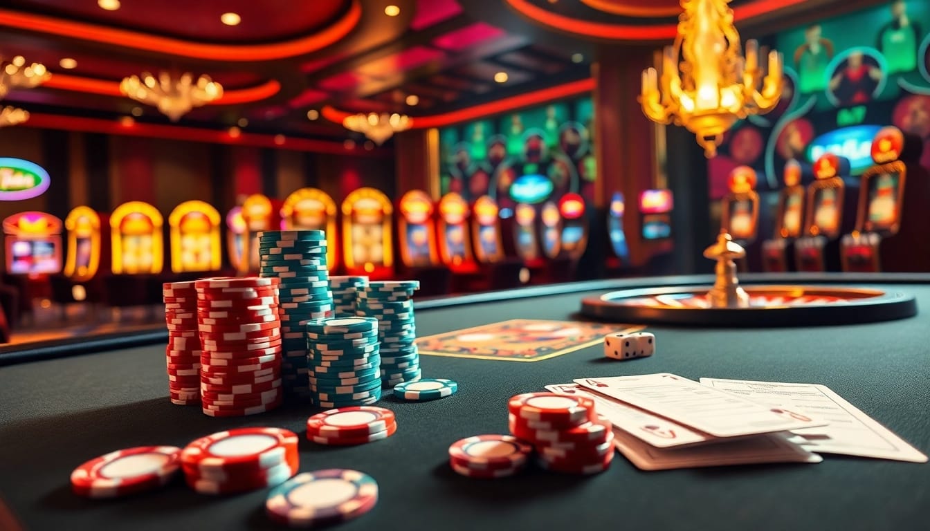 Experience the thrilling excitement of 88vn casino gaming with vibrant poker chips and slot machines.