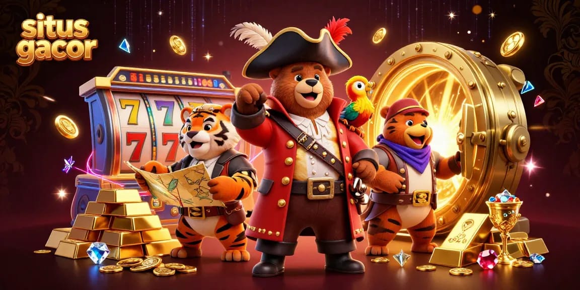 Experience the excitement of situs gacor with a lively pirate casino scene bursting with winnings and treasures.