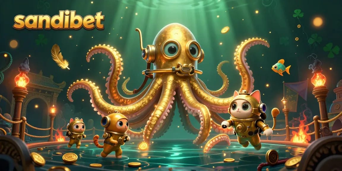 Experience the thrill of sandibet with a kraken and diving cat in an immersive casino scene.