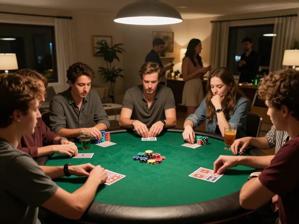 Pemain strategis di malam poker di rumah, menampilkan kebahagiaan telepathywear dalam permainan.