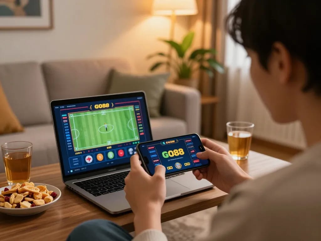 Player engaging in online betting with GO88 app on smartphone in a cozy living room setting.