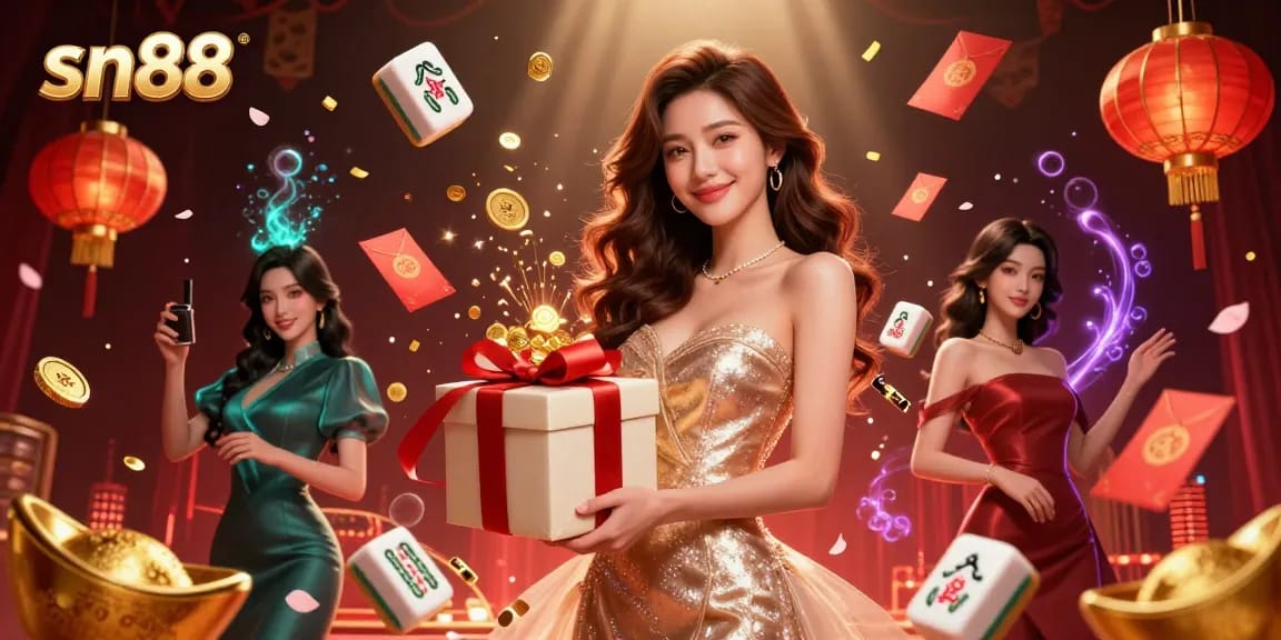 Experience the excitement of sn88 with golden coins and festive decorations in a vibrant casino setting.