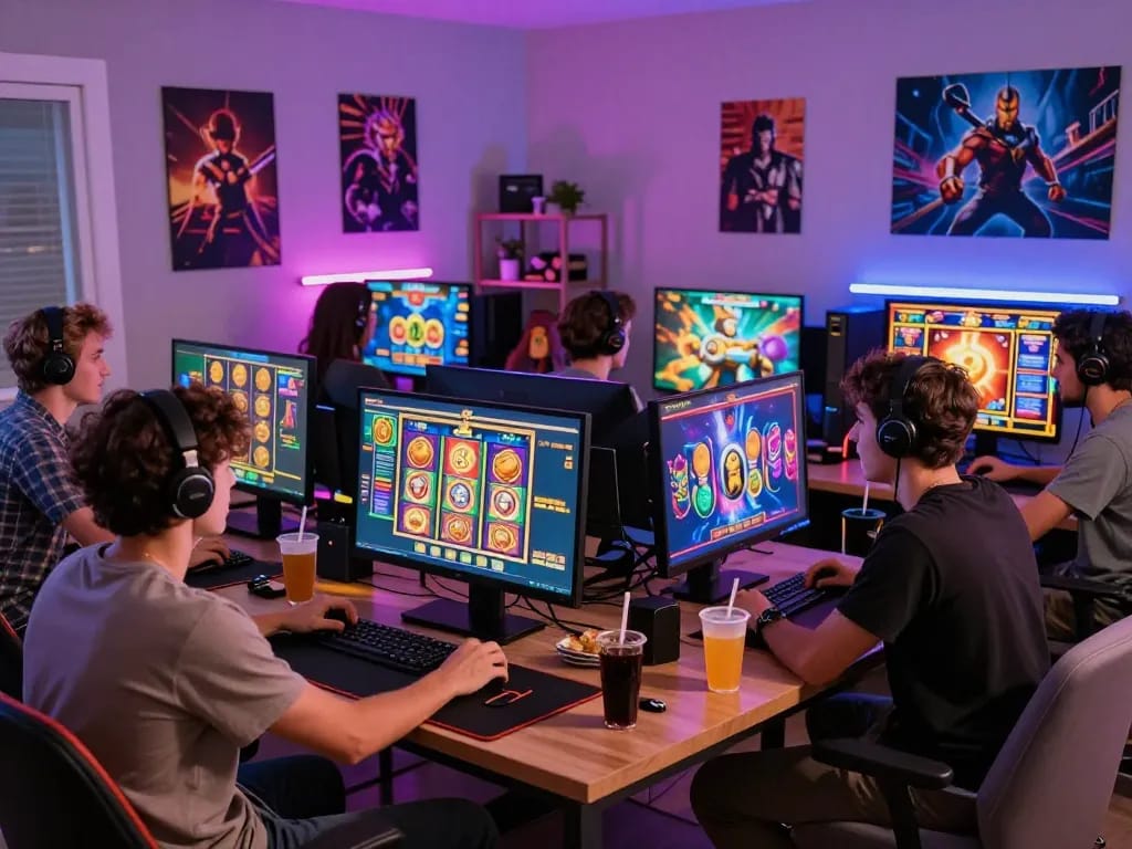 Kumpulan yang antusias menikmati sesi permainan situs slot di rumah, menampilkan layar yang cerah dan dekorasi modern.