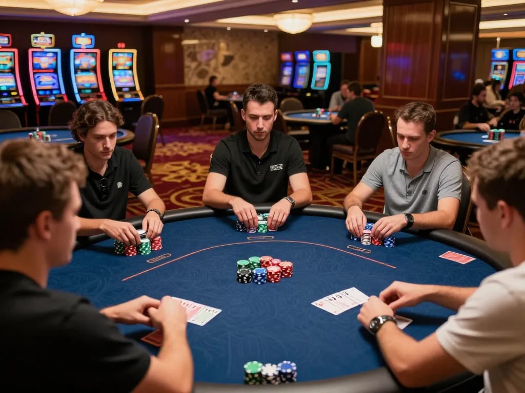 Players engaging in an intense poker game at a luxurious casino table with kp88 chips prominently displayed.
